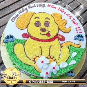 Bánh kem vẽ chó vàng đơn giản trong vườn hoa mừng sinh nhật Kim Liên 26 tuổi