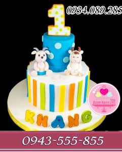 Bánh 2 tầng fondant 2 chị em tuổi dê Khang tròn 1 tuổi