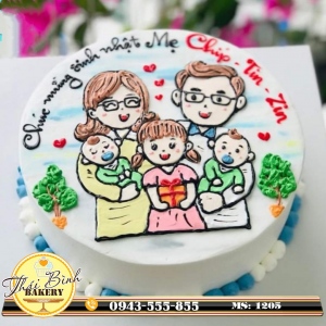 Bánh kem vẽ phác họa gia đình 3 bố con mừng sinh nhật mẹ