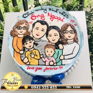 Bánh kem phác họa gia đình 6 người mừng sinh nhật ông ngoại
