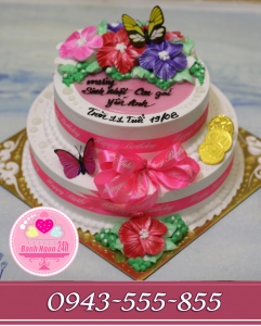 Bánh kem 2 tầng tặng bé gái hoa sắc mầu